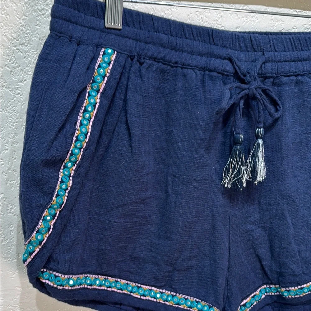 Earthbound Trading Navy XL Blue‎ Embellished Women's Elastic Tie Waist Shorts